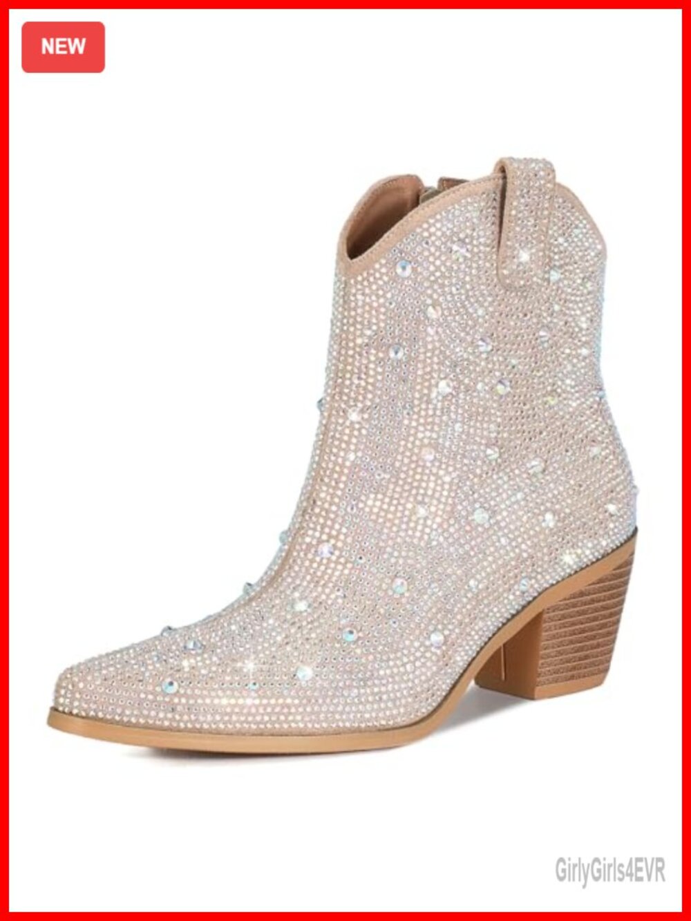 Rhinestone Cowboy Ankle Boots Chunky Heel Sparkly Side Zipper Suede Booties
